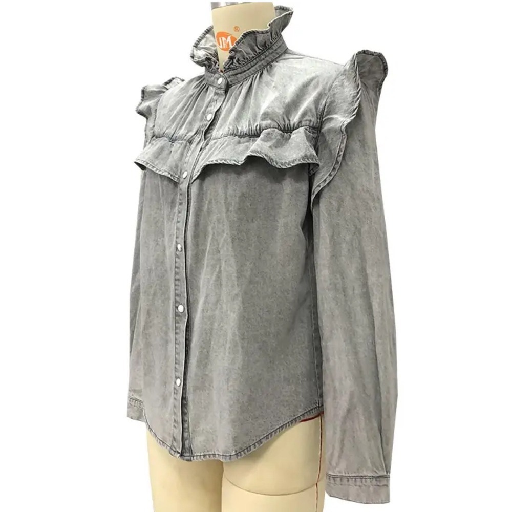 Womens‎ Grey Denim Button Up Ruffle Collar Long Sleeve Shirt Size M
